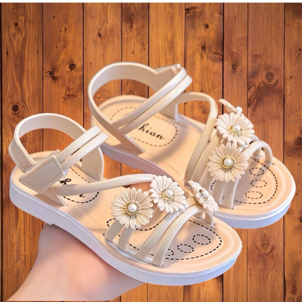 Girls PVC Sandals Size 12 Beige Floral Pearl Non-Slip Summer Shoes Hook & Loop - Picture 12 of 16